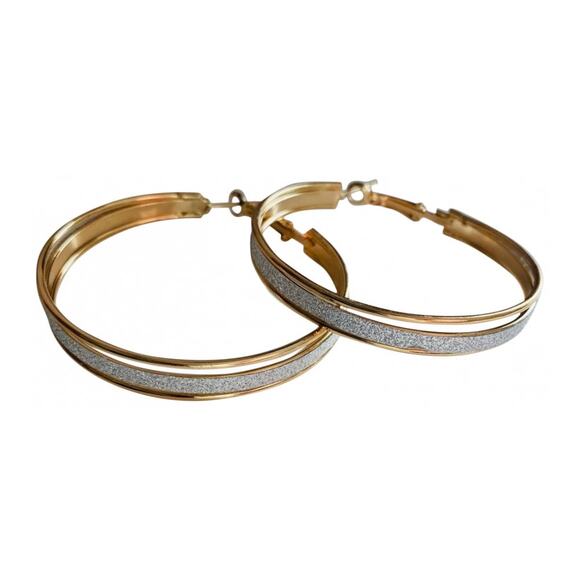NEW NORDSTROM REVOLVE Gold Sparkle Glitter 50mm Hoop Double Earrings Jewelry - Picture 7 of 7